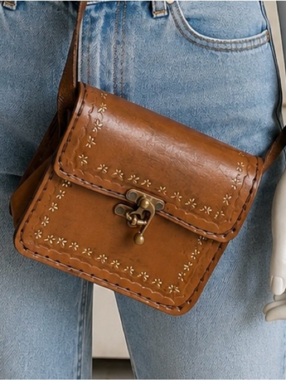 Brown Leather Crossbody Bag with Floral Accent